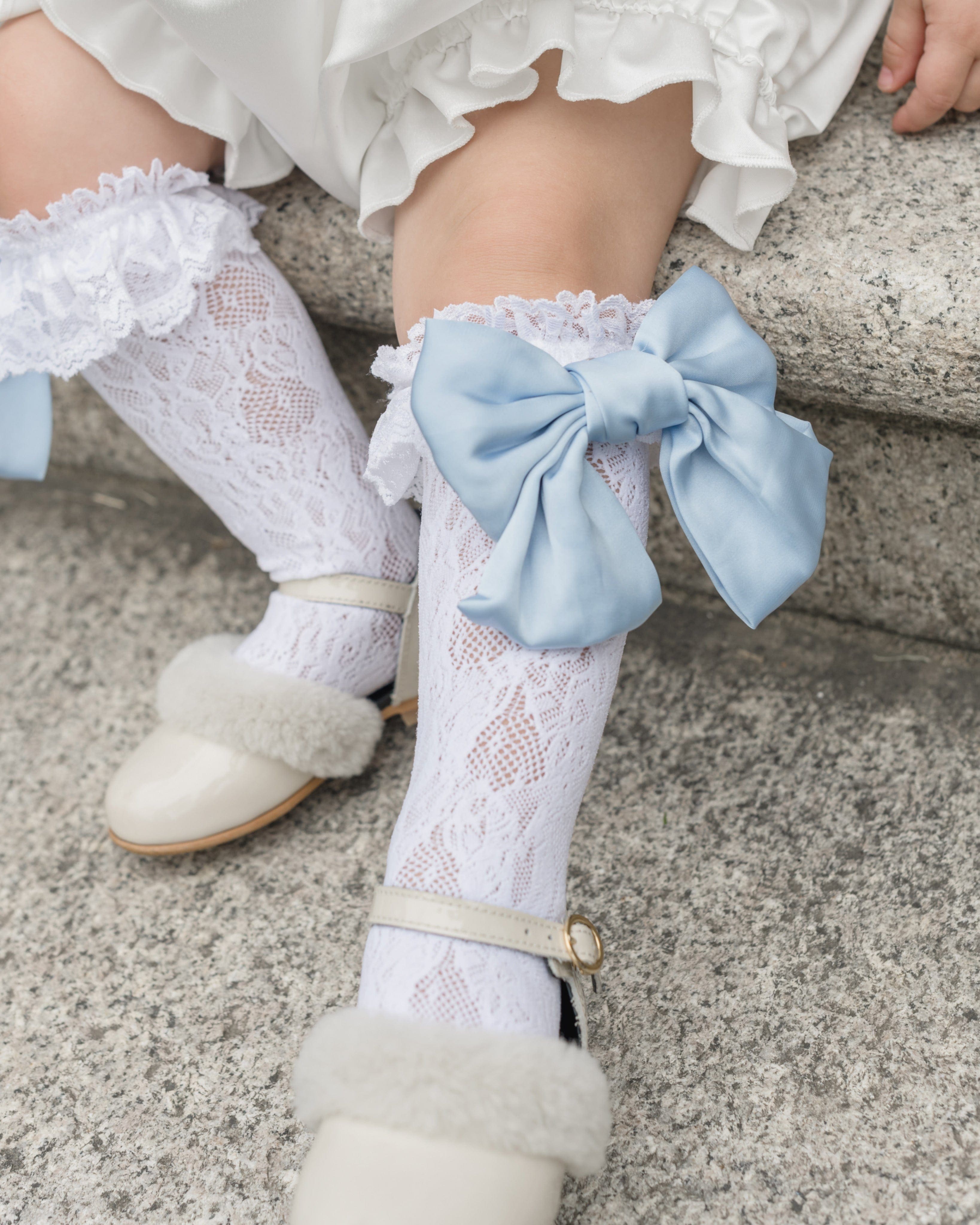 Lola Lace Socks with Blue Satin Bow - Petite Maison Kids
