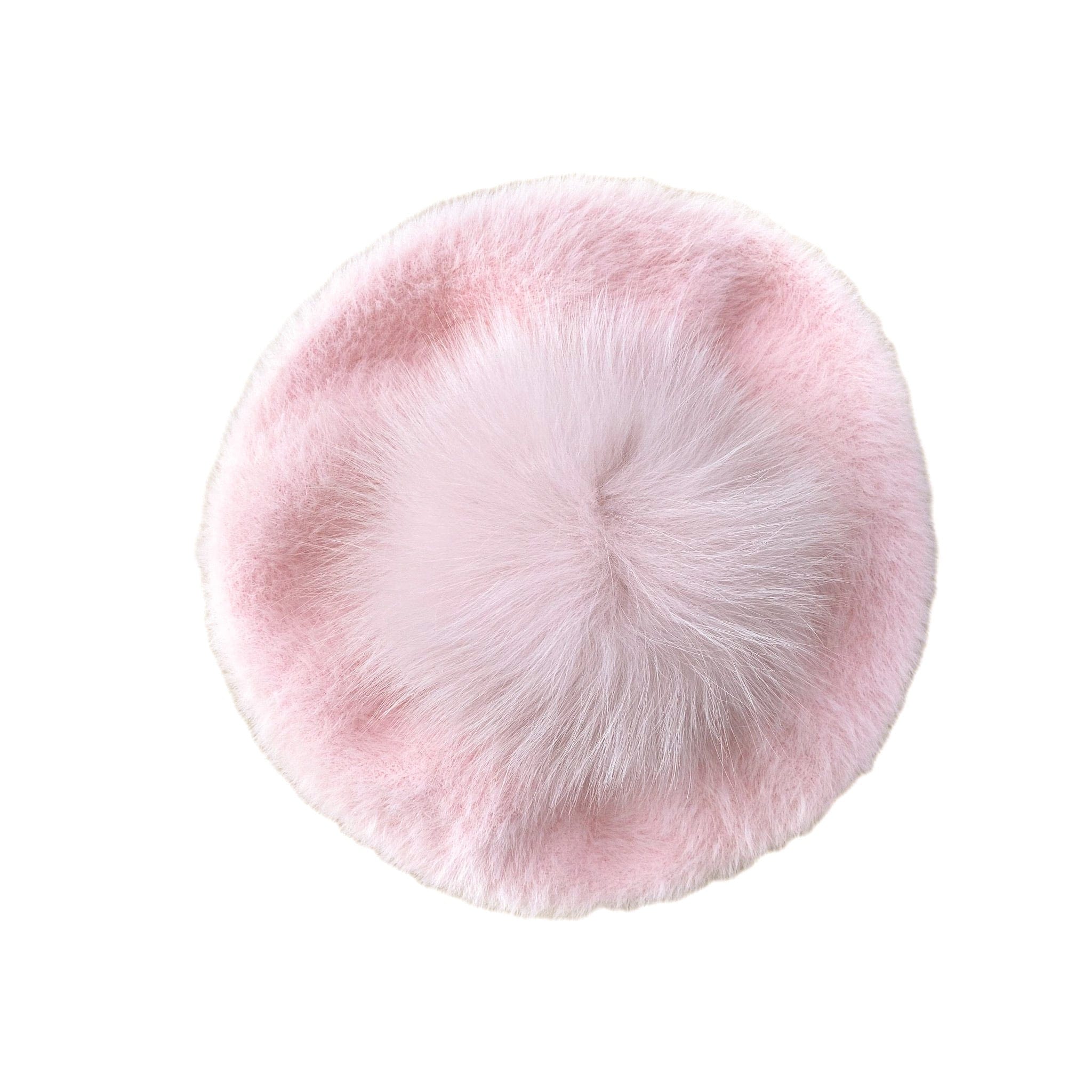 Milana Rose Beret in soft blush pink faux fur with plush texture and rounded classic French beret silhouette.