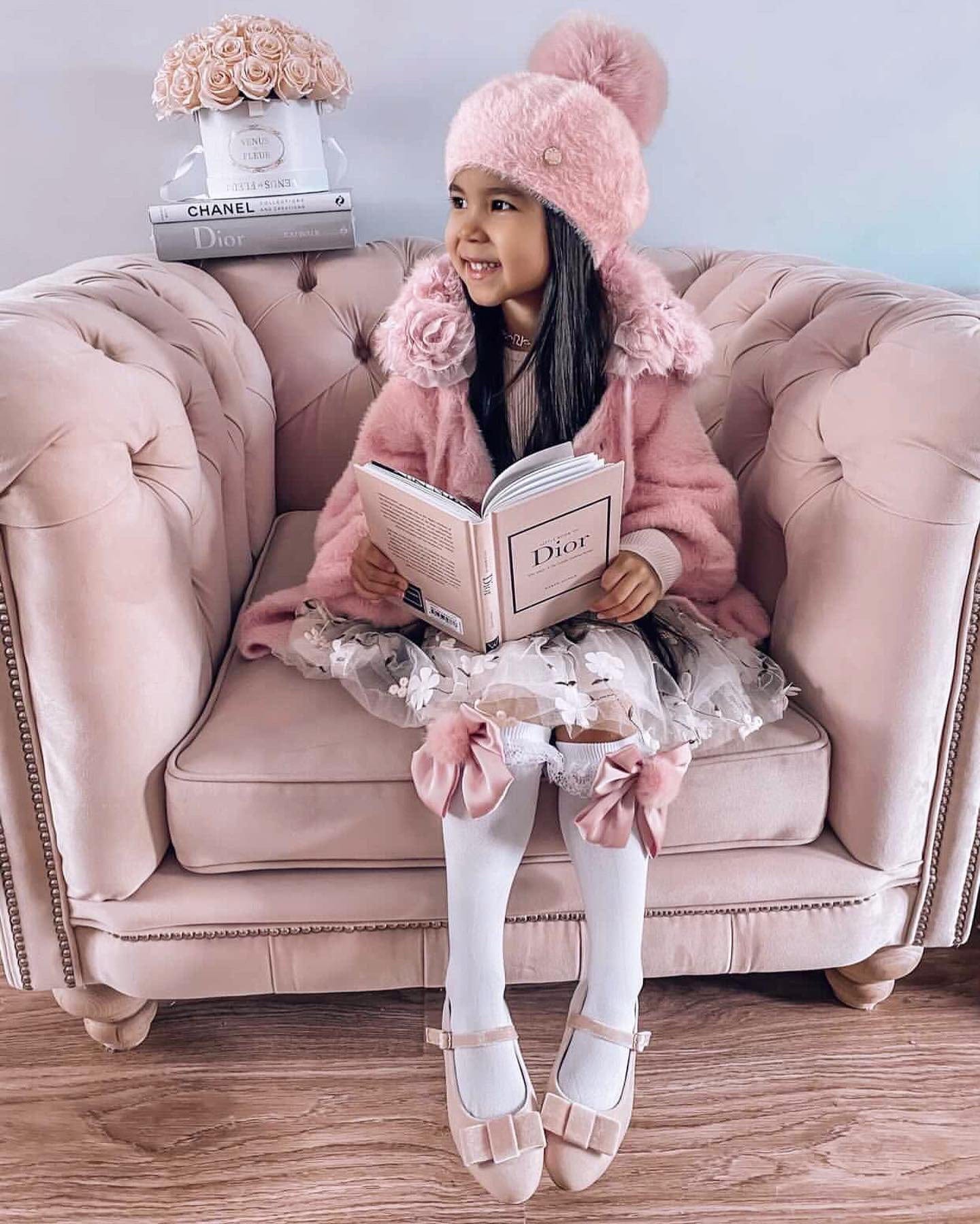 Milana Rose Beret paired with rose faux fur jacket and floral décor, elegant girls winter outfit.