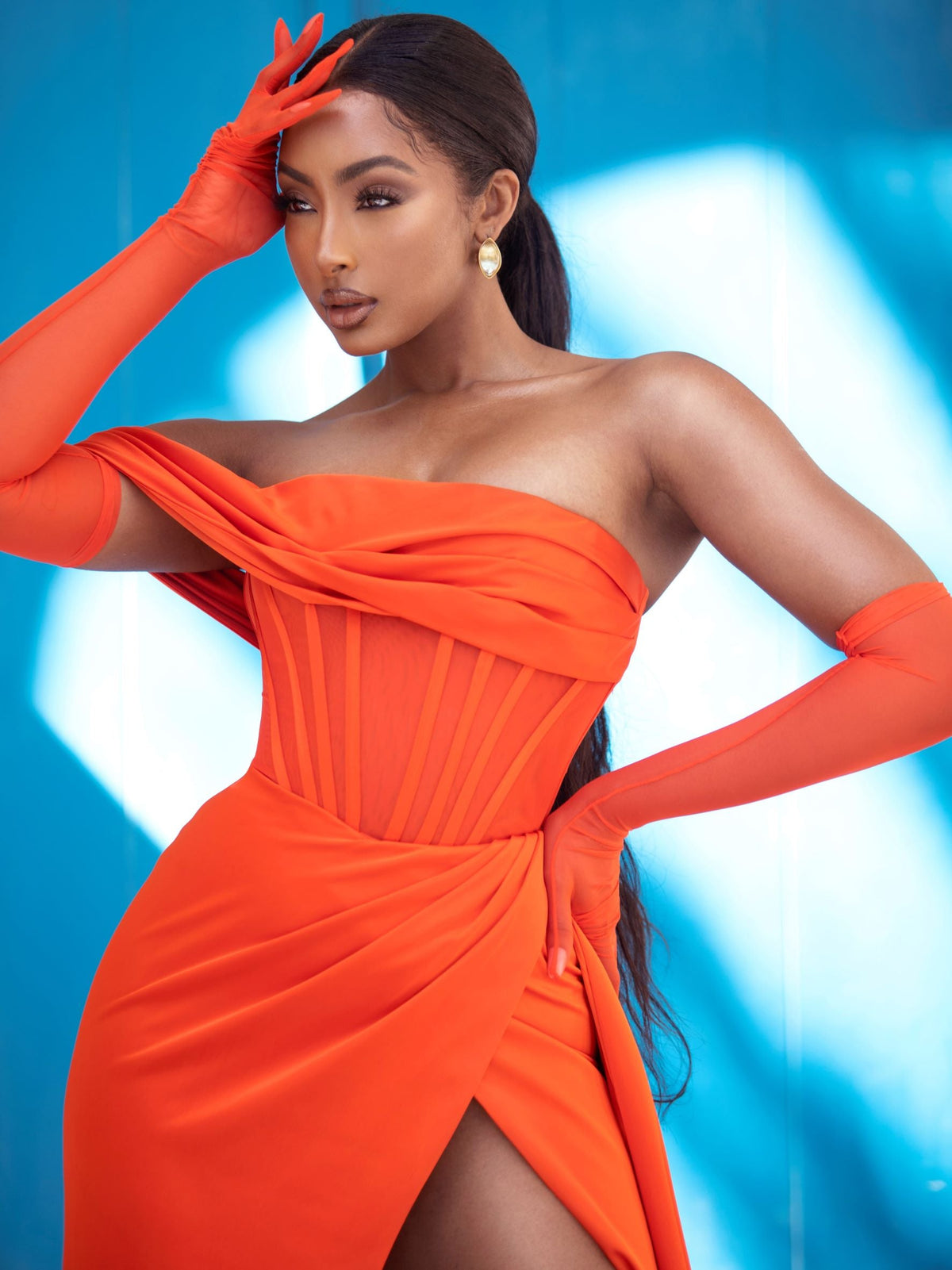 Rebeca Poinciana Satin High Slit Corset Gown (Archive Sale)
