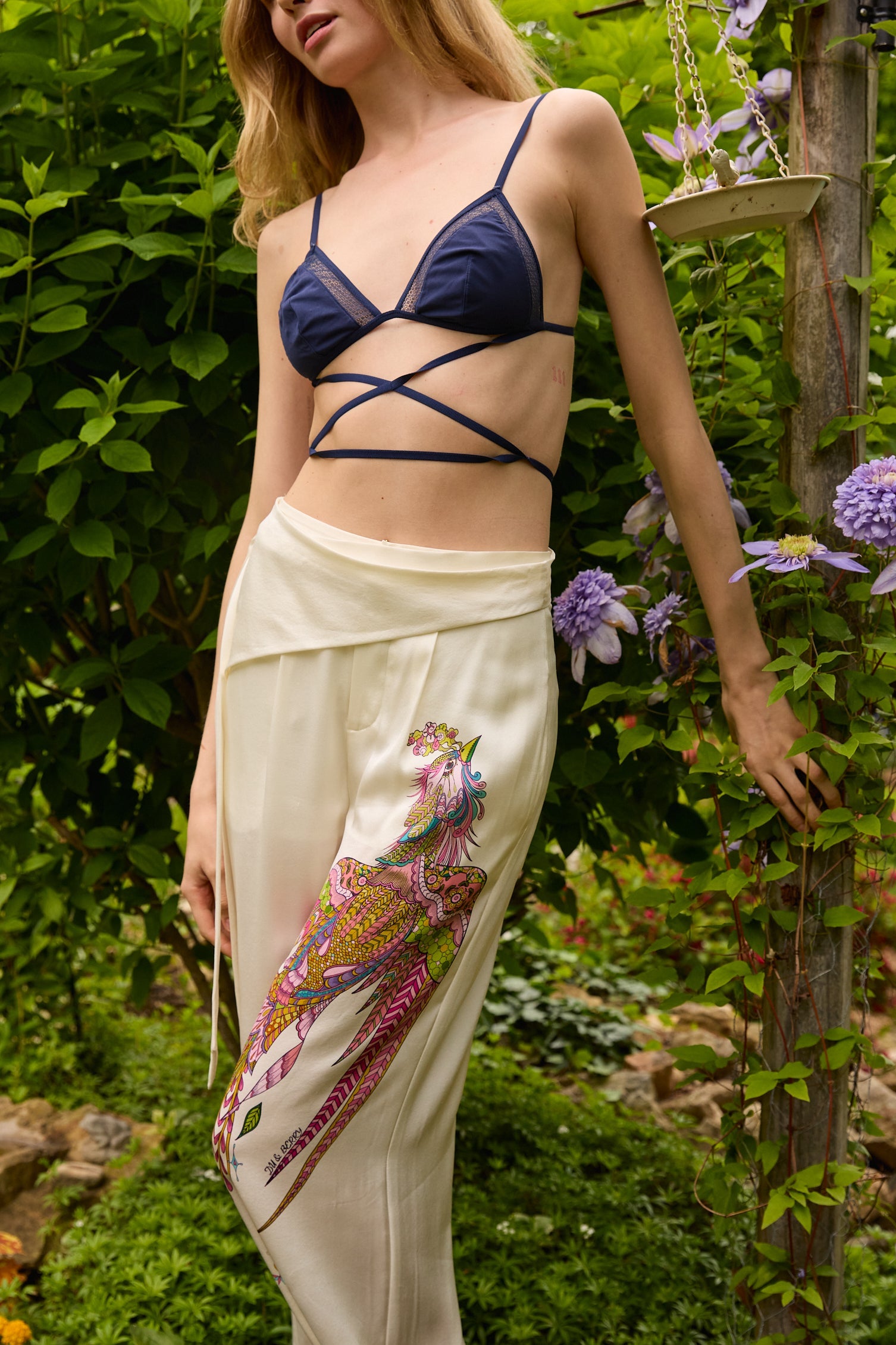 Du & Berry Phoenix Belted Silk Trousers in cream with colorful phoenix embroidery and wrap belt detail