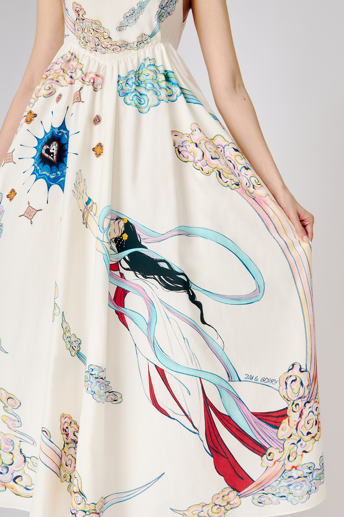 Du & Berry white midi summer dress with colorful artistic cloud and ribbon print design
