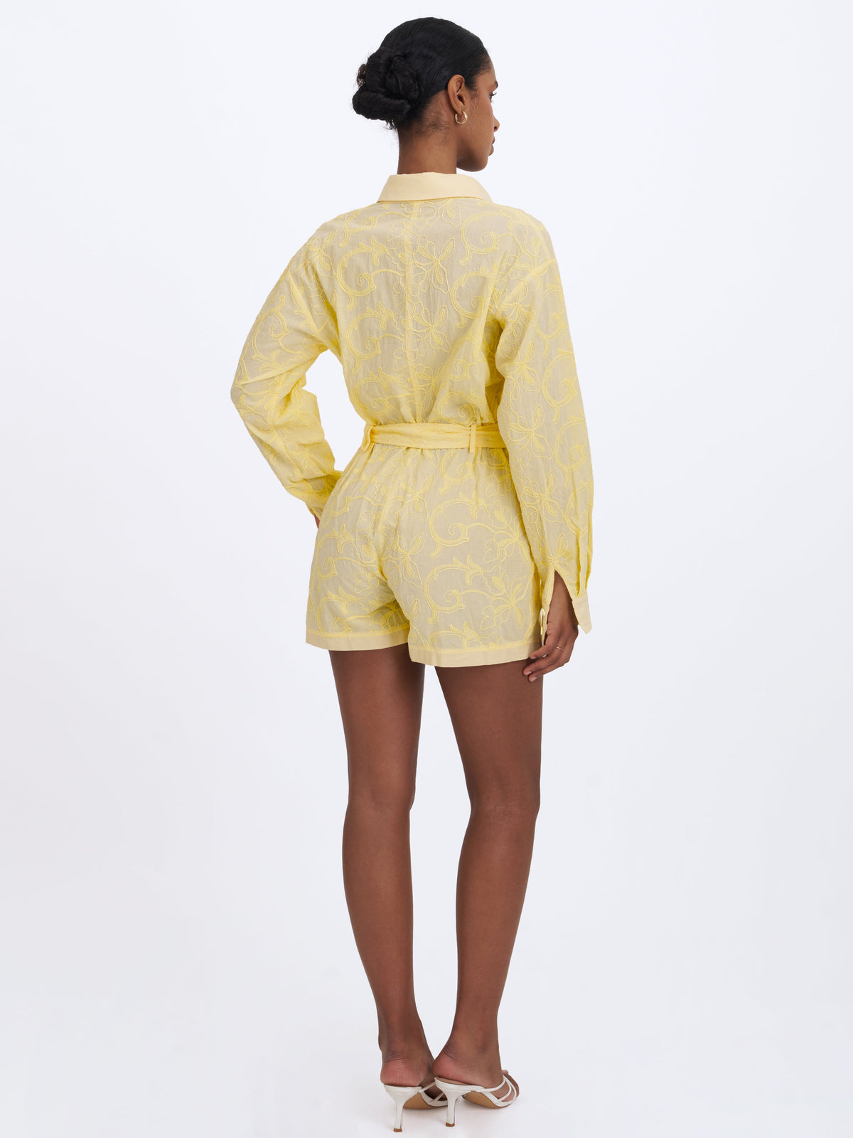 Malou Lemon Yellow Embroidered Poplin Belted Shirt Romper