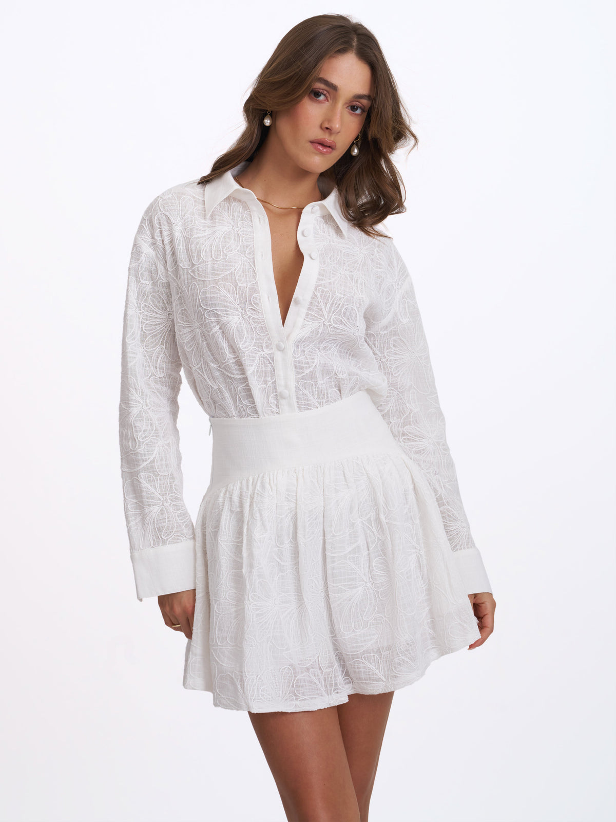 Quintina White Embroidered Cotton Gauze Button-Down Shirt