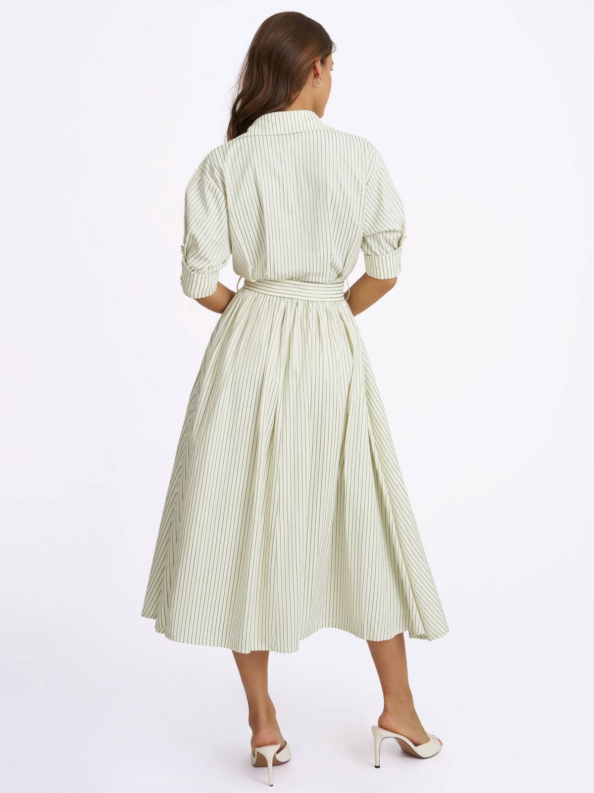 Danica Pine Green Bamboo Poplin Striped Shirt Midi Dress