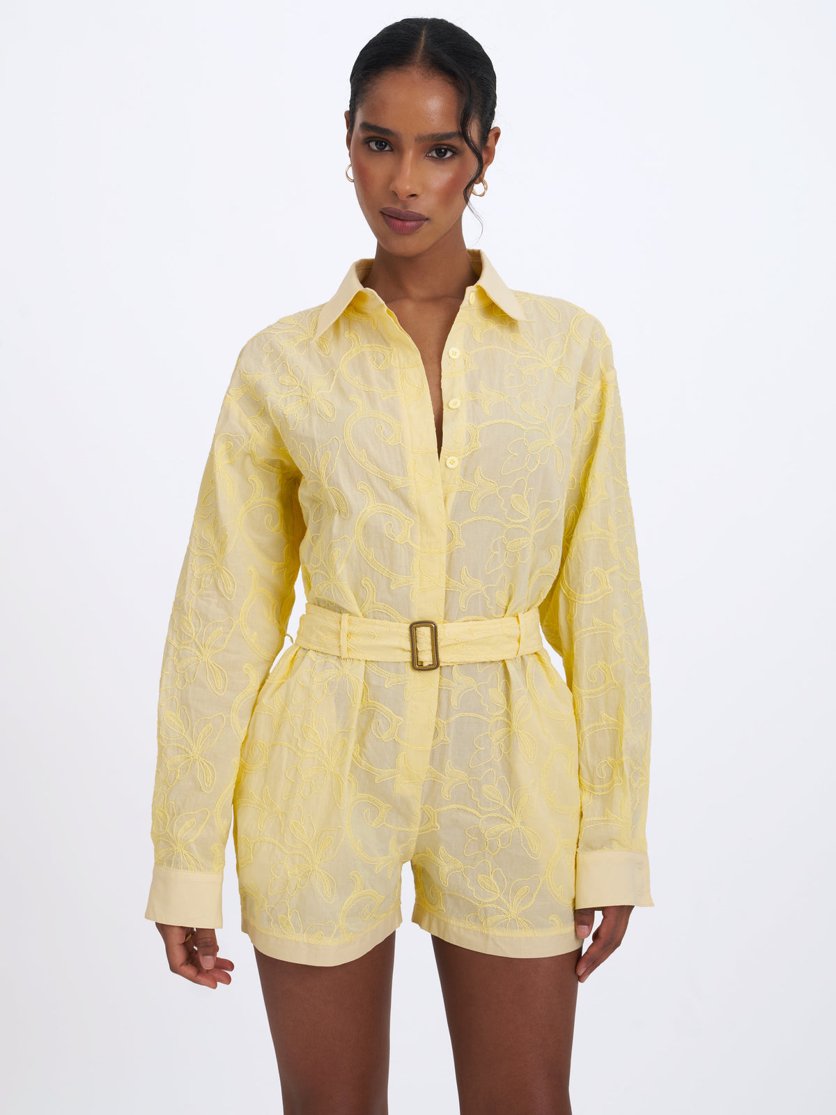 Malou Lemon Yellow Embroidered Poplin Belted Shirt Romper