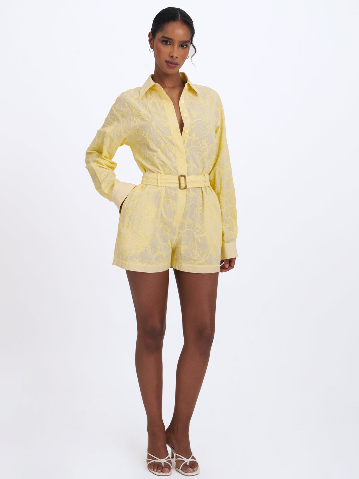 Malou Lemon Yellow Embroidered Poplin Belted Shirt Romper