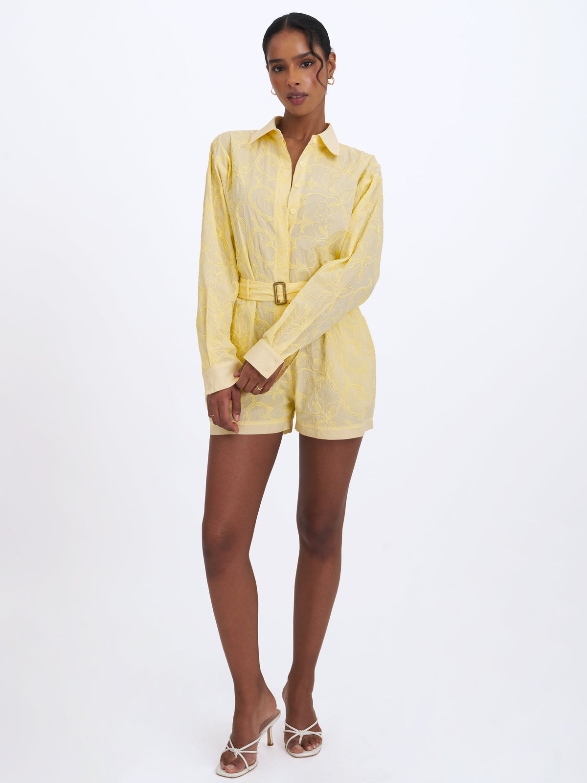 Malou Lemon Yellow Embroidered Poplin Belted Shirt Romper