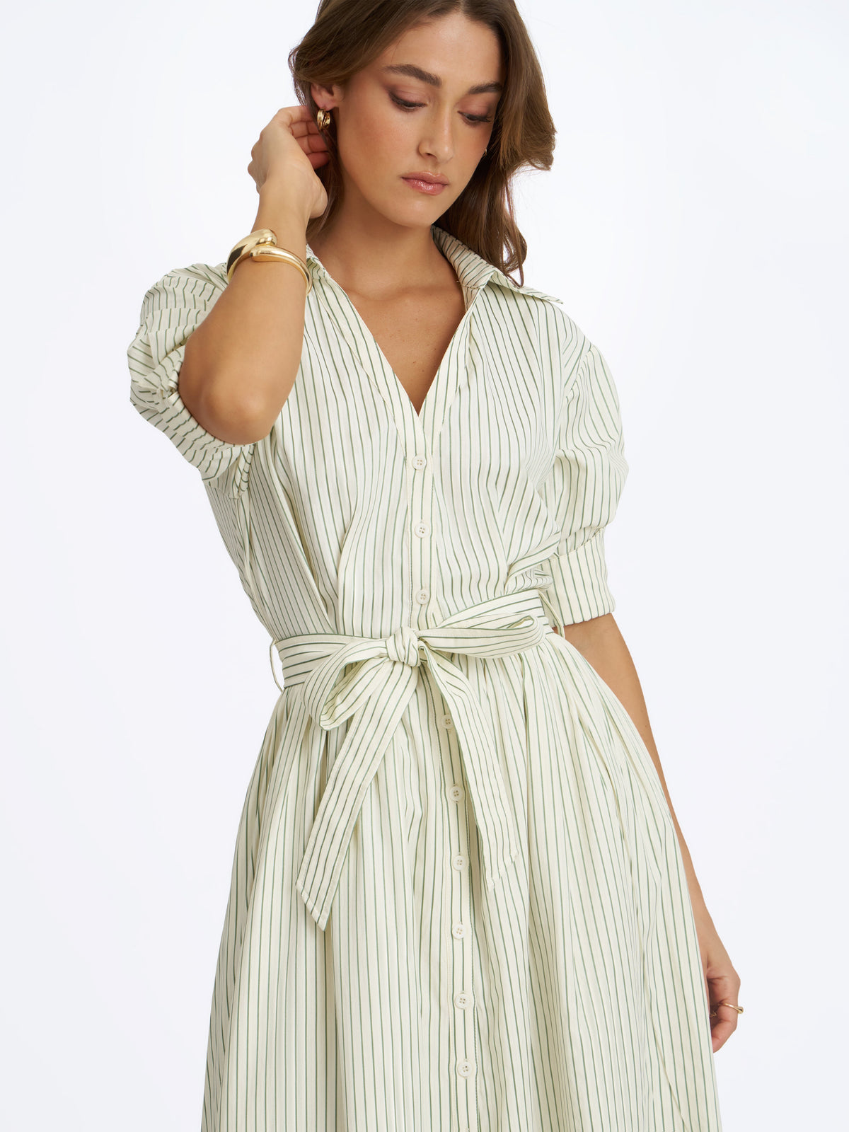 Danica Pine Green Bamboo Poplin Striped Shirt Midi Dress