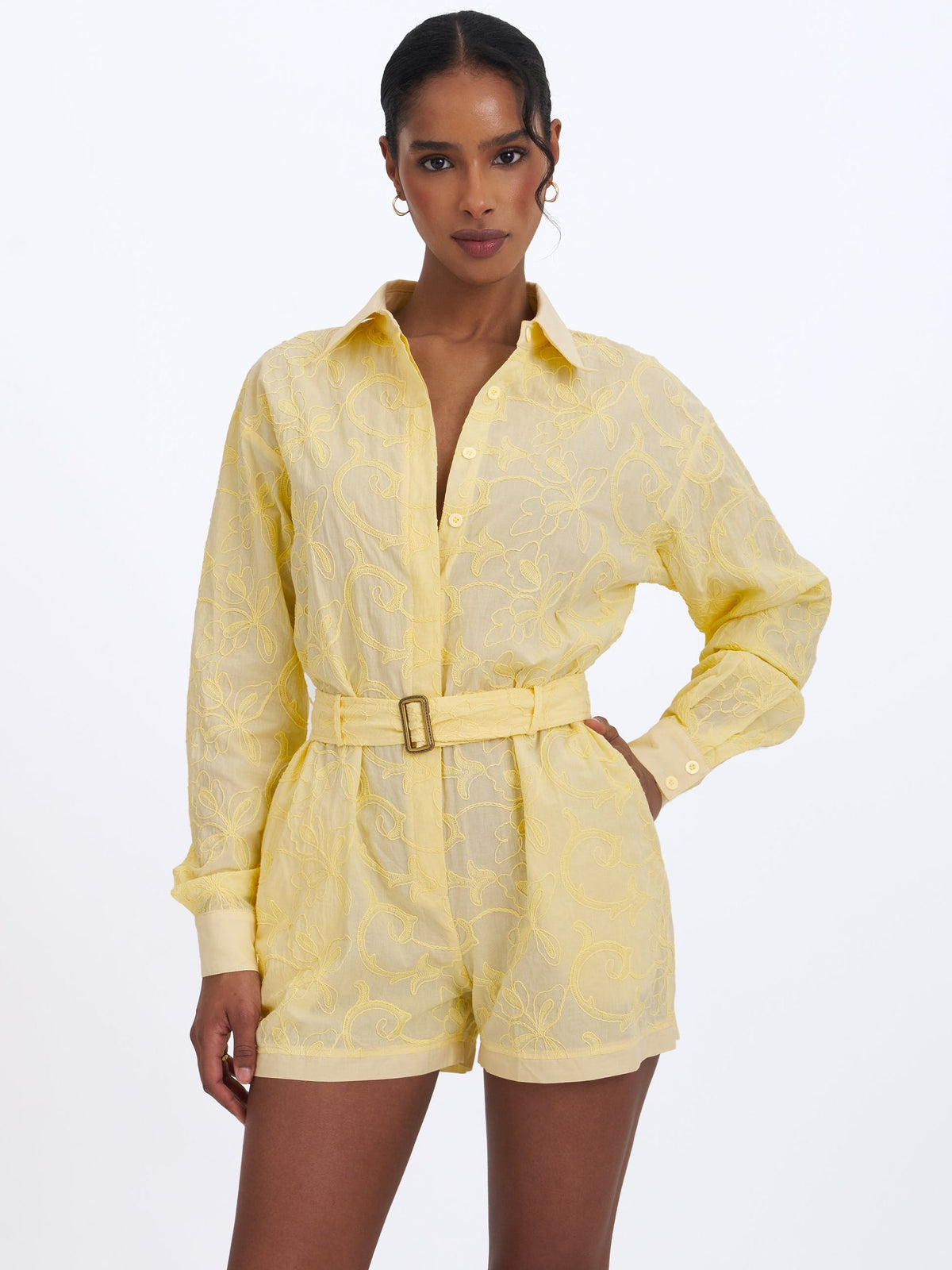 Malou Lemon Yellow Embroidered Poplin Belted Shirt Romper