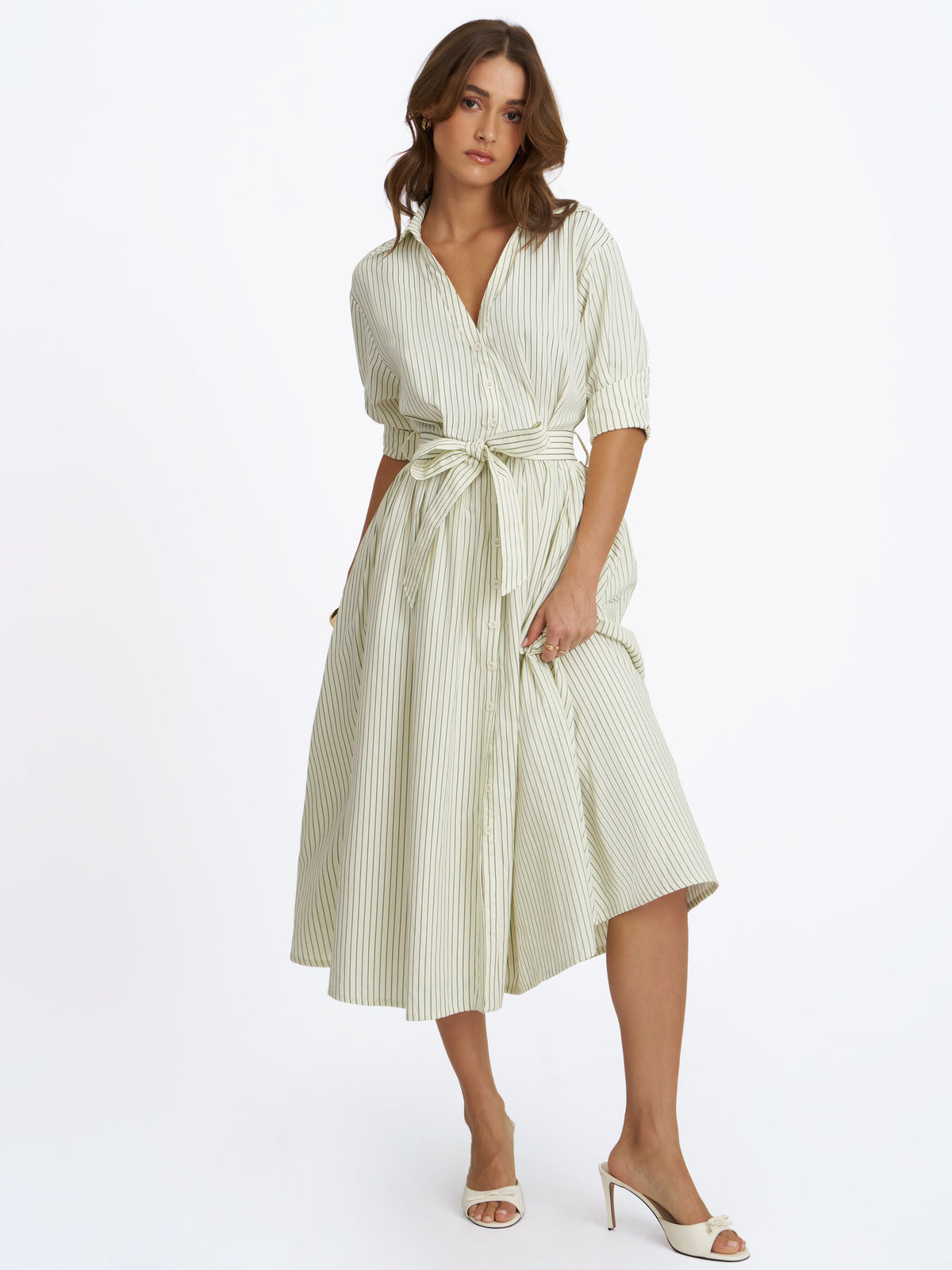 Danica Pine Green Bamboo Poplin Striped Shirt Midi Dress