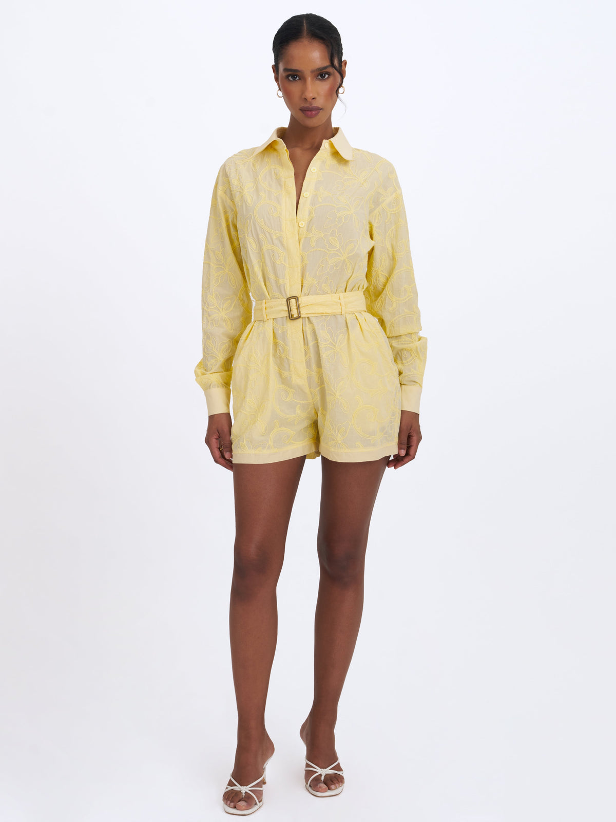 Malou Lemon Yellow Embroidered Poplin Belted Shirt Romper