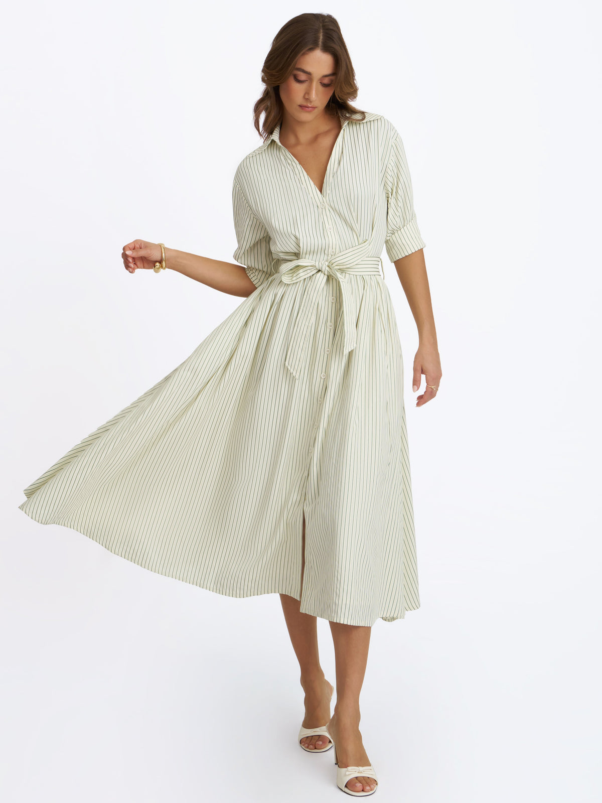 Danica Pine Green Bamboo Poplin Striped Shirt Midi Dress
