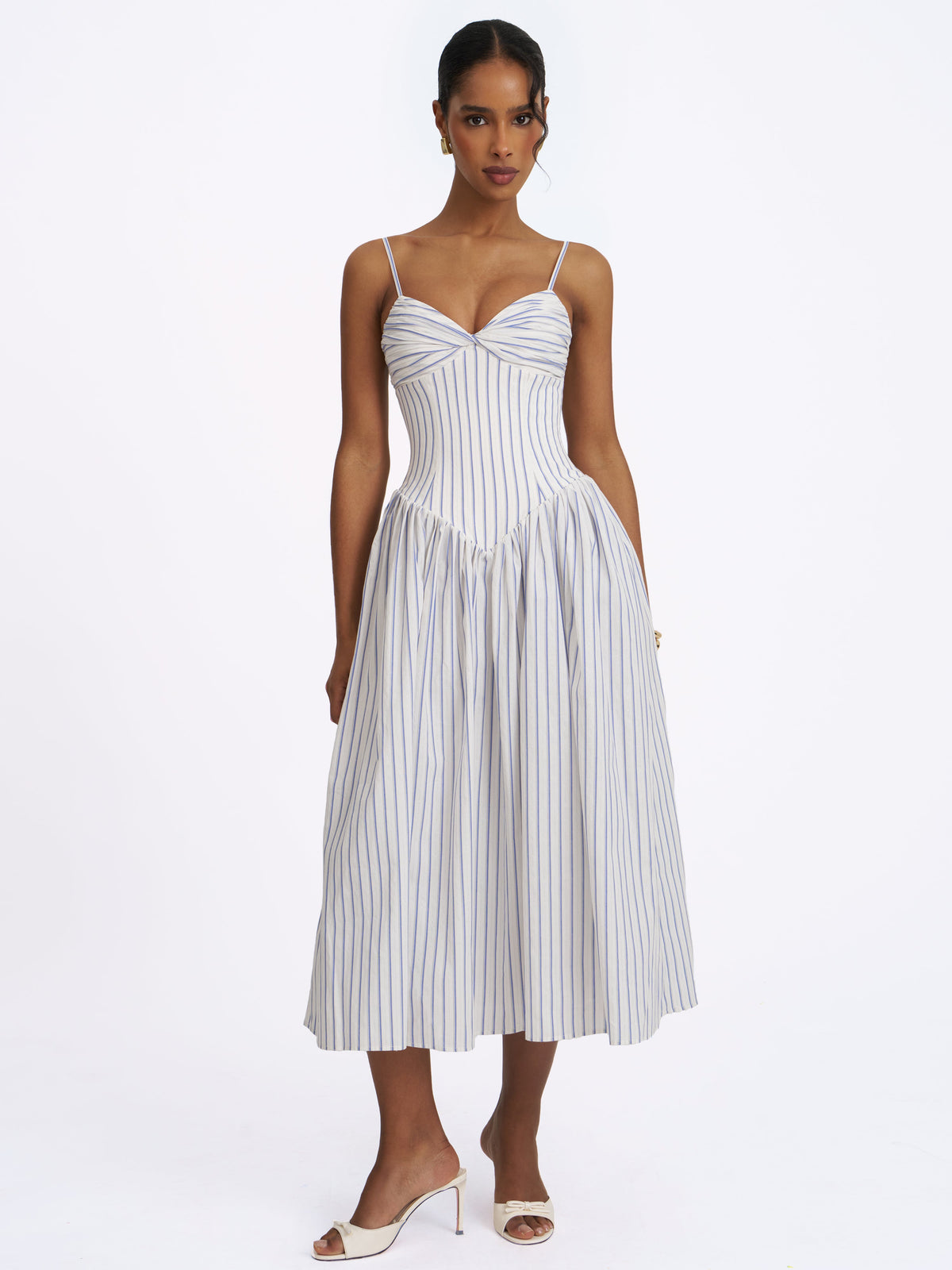 Olea Sky Blue Striped Cotton Poplin Ruched Midi Dress