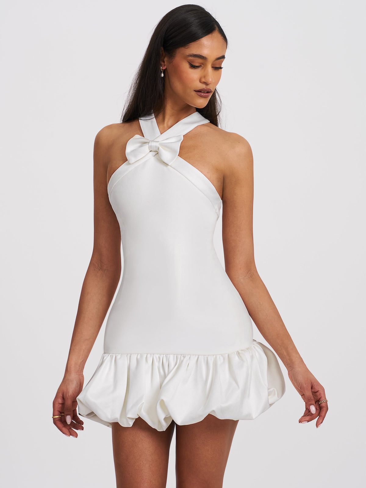 Barbra White Cross Straps Bodycon Mini Dress with Bubble Hem (Archive Sale)
