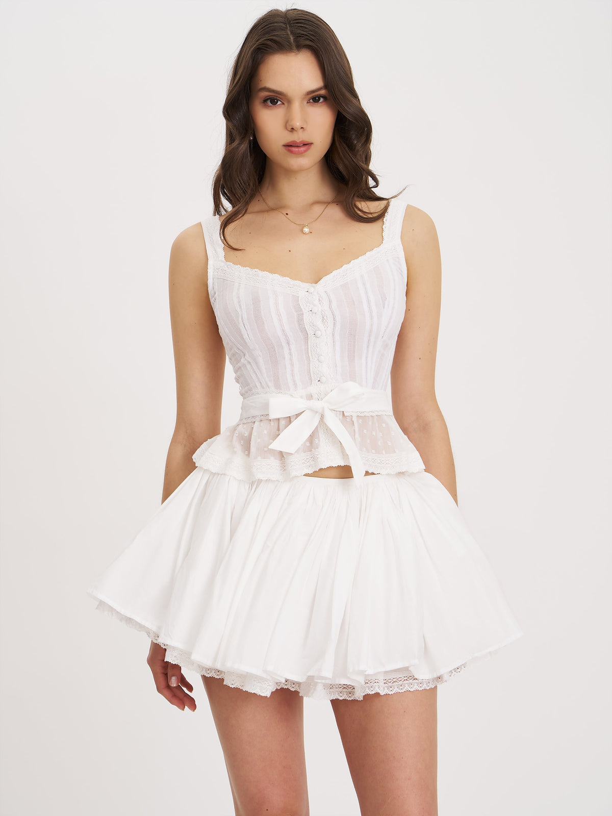 Aliza White Cotton Poplin Lace Trim Layered Mini Skirt