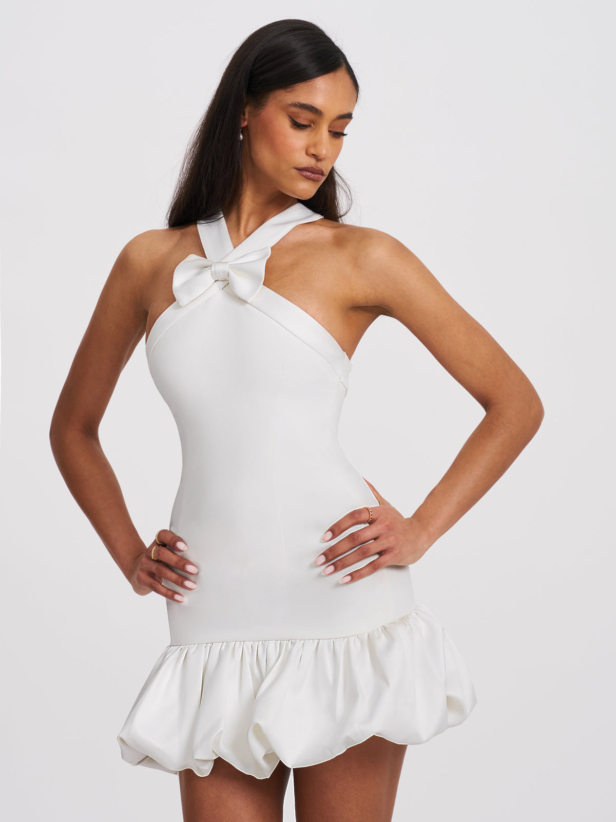 Barbra White Cross Straps Bodycon Mini Dress with Bubble Hem (Archive Sale)