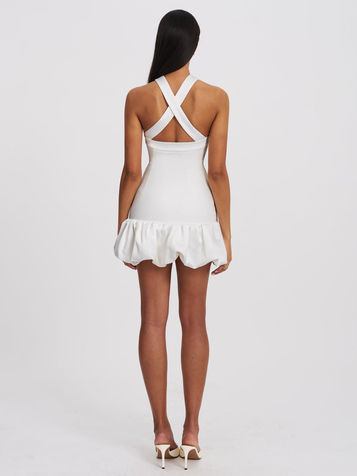 Barbra White Cross Straps Bodycon Mini Dress with Bubble Hem (Archive Sale)