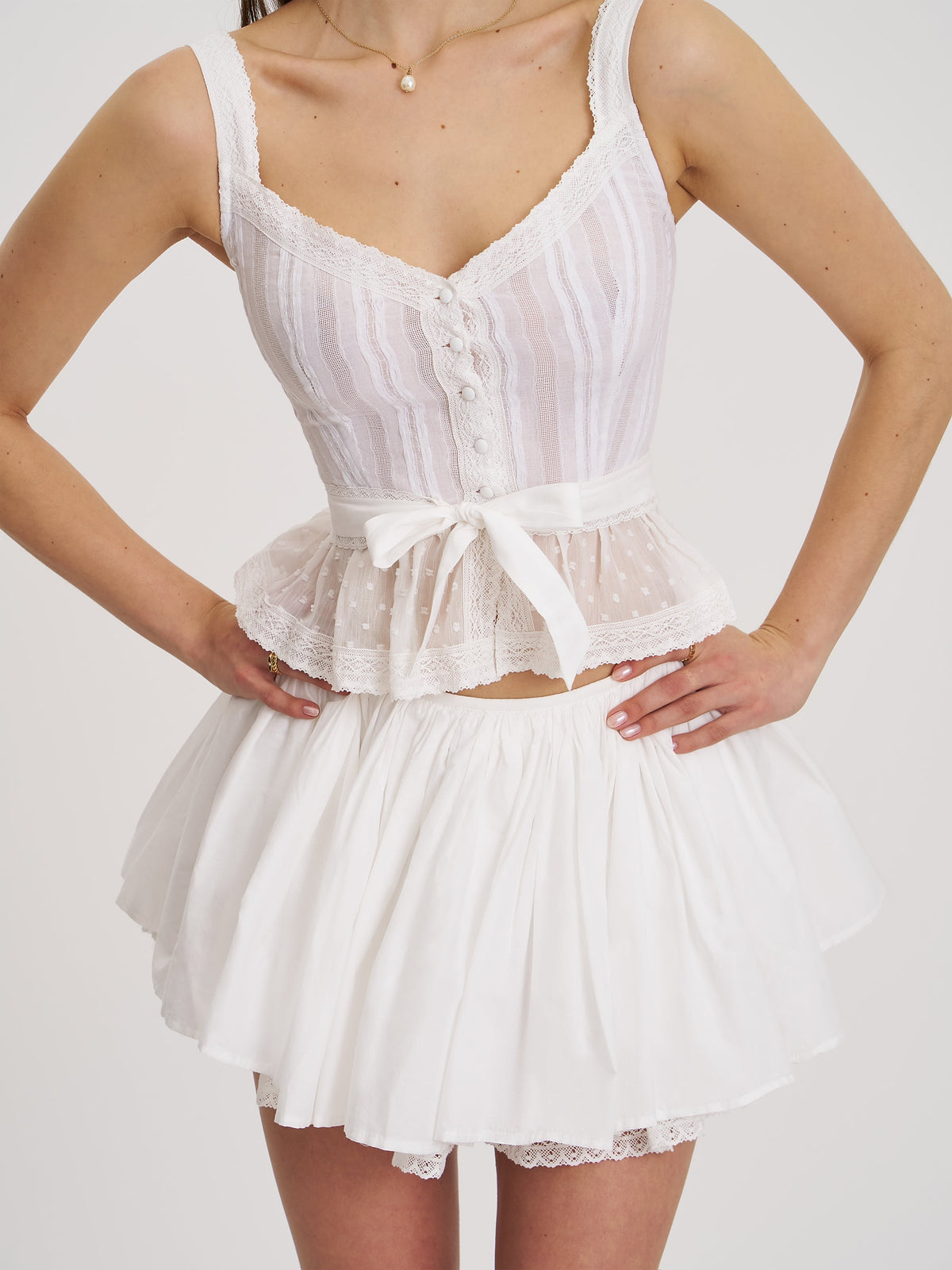 Aliza White Cotton Poplin Lace Trim Layered Mini Skirt