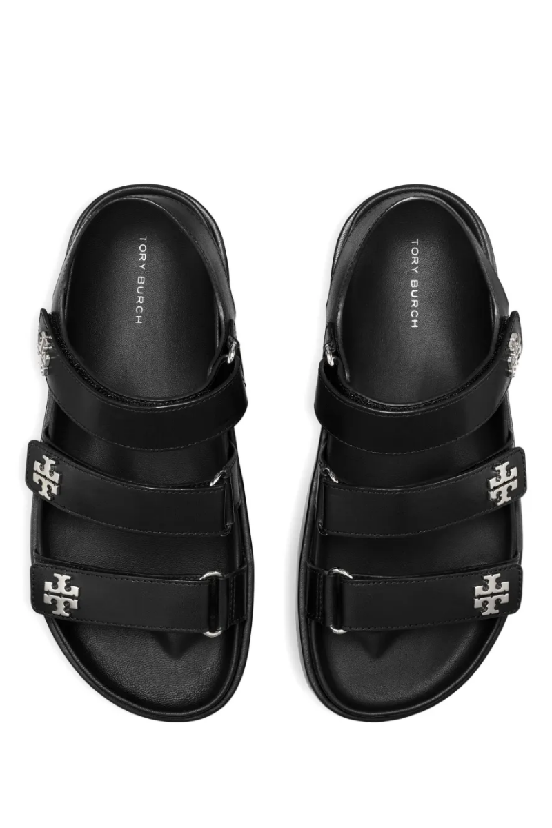 Tory Burch Kira Sport Triple-Strap Sandals in Black Leather with Silver Logo