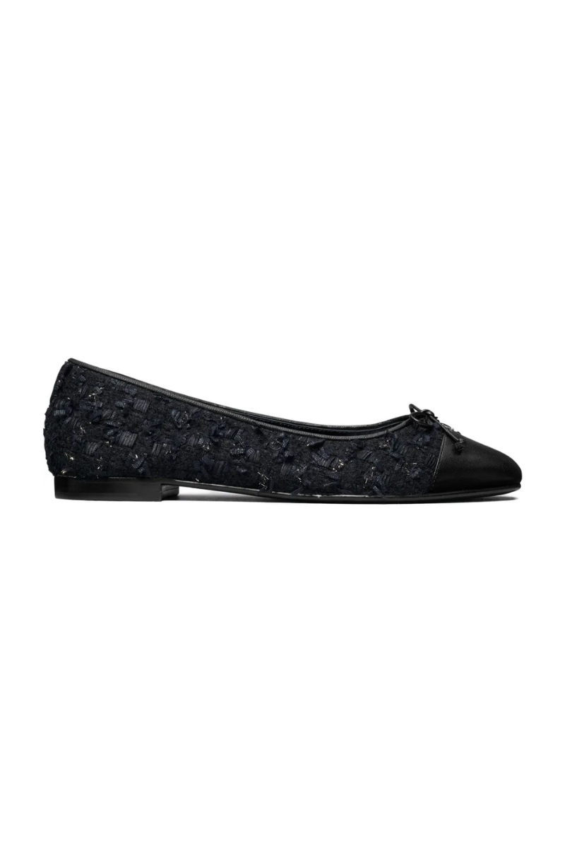 Tory Burch Cap-Toe Ballet Flats in Midnight Navy Bouclé and Black Leather