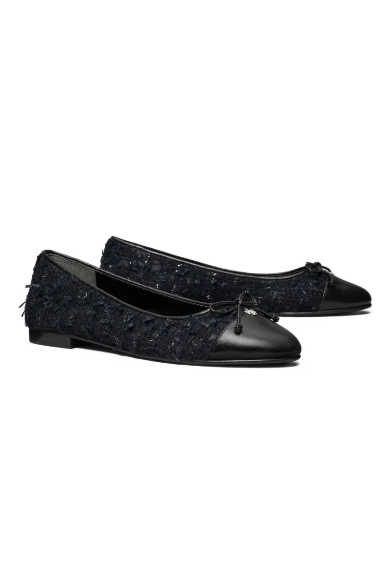 Tory Burch Cap-Toe Ballet Flats in Midnight Navy Bouclé and Black Leather