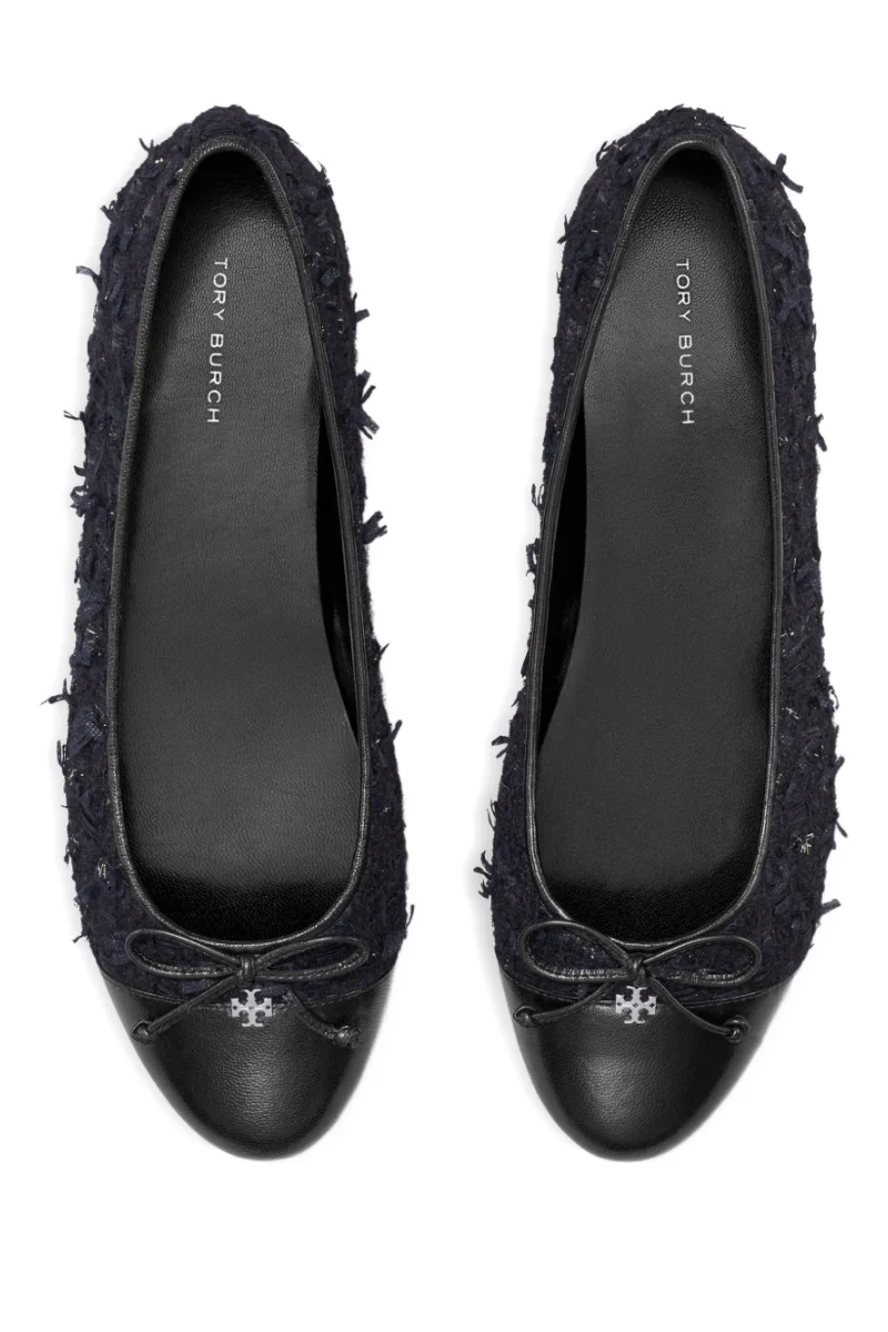 Tory Burch Cap-Toe Ballet Flats in Midnight Navy Bouclé and Black Leather