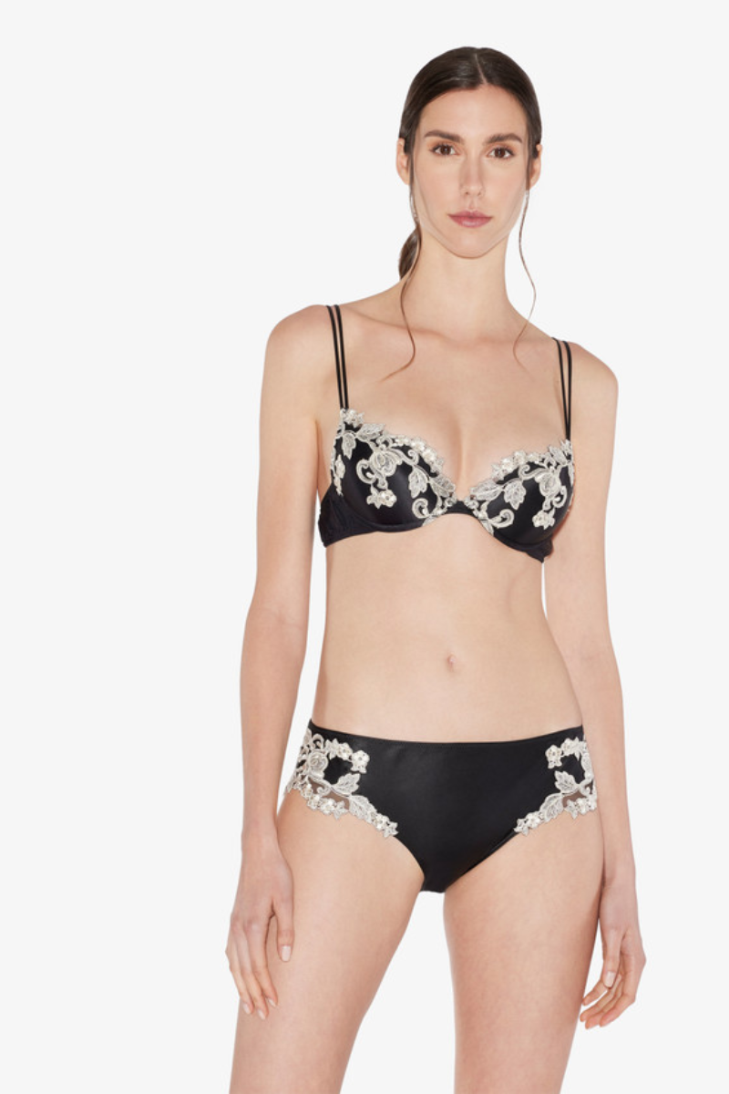 La Perla Black Silk Push-Up Bra with Frastaglio