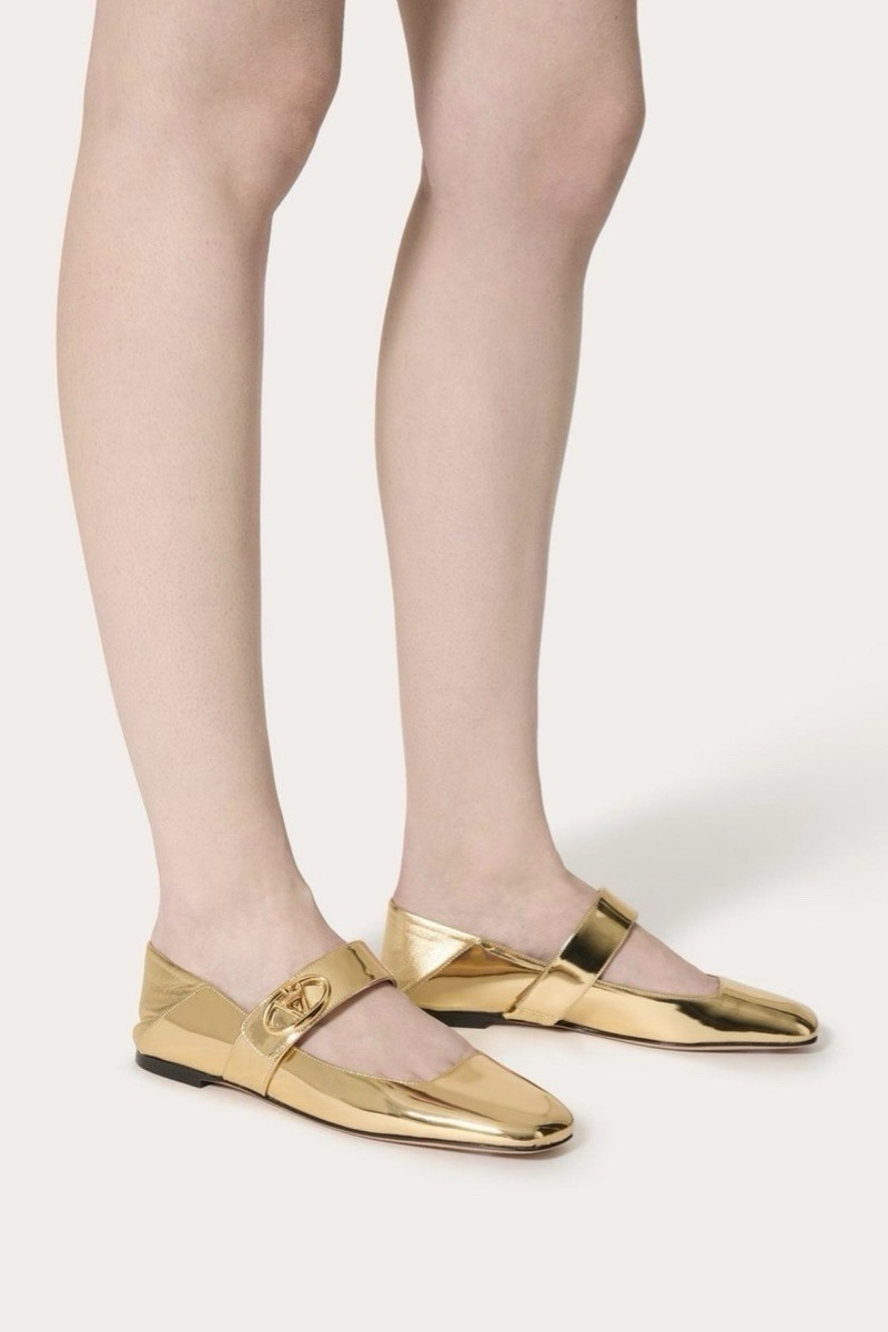 Valentino Garavani VLogo Locker Square-Toe Mary-Jane Ballerina In Gold