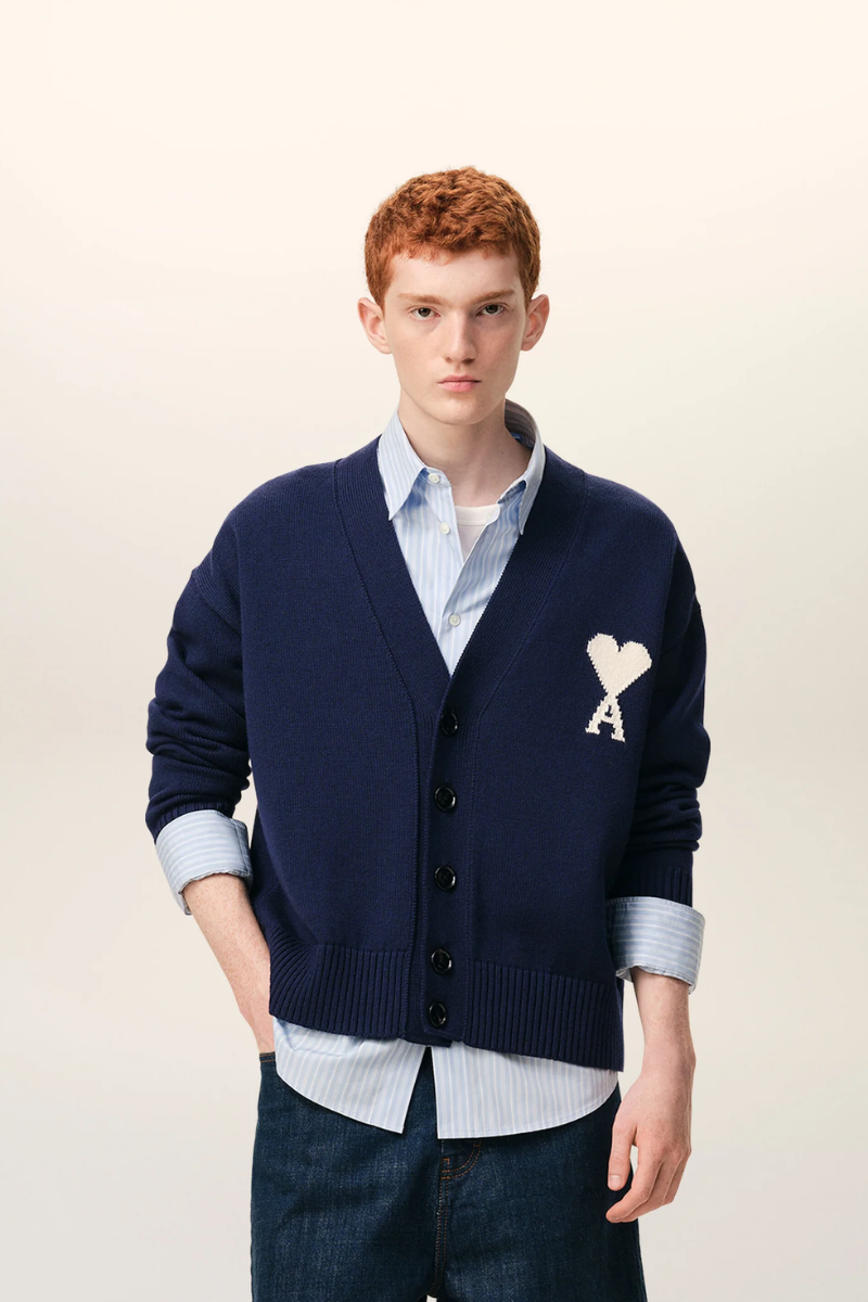 Ami Paris Wool V Neck Cardigan-Navy