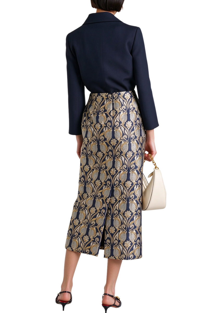 Valentino Back Slit Mid Rise Midi Skirt Pure Blue/Gold 5B3RABN68NA_ZFX
