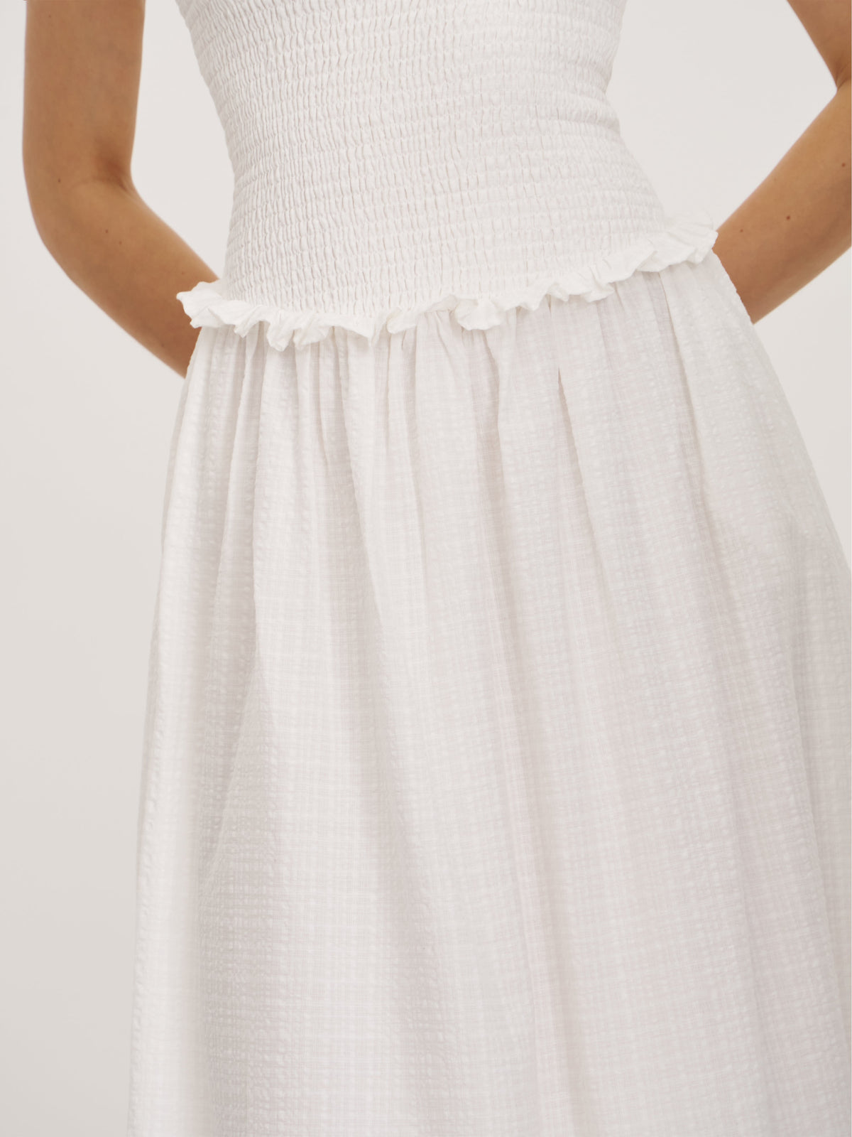 Quadiya White Cotton Seersucker Smocked Strapless Midi Dress
