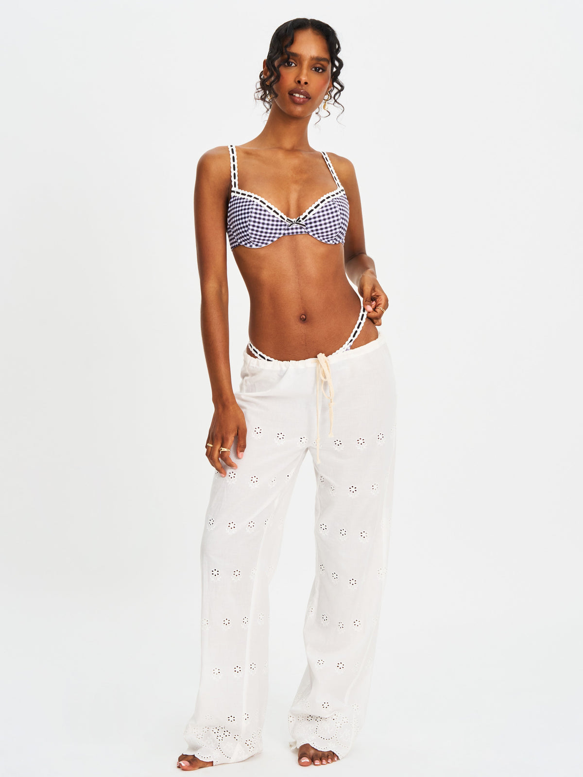 Genevia Gingham Lace Decoration Bikini Bottom