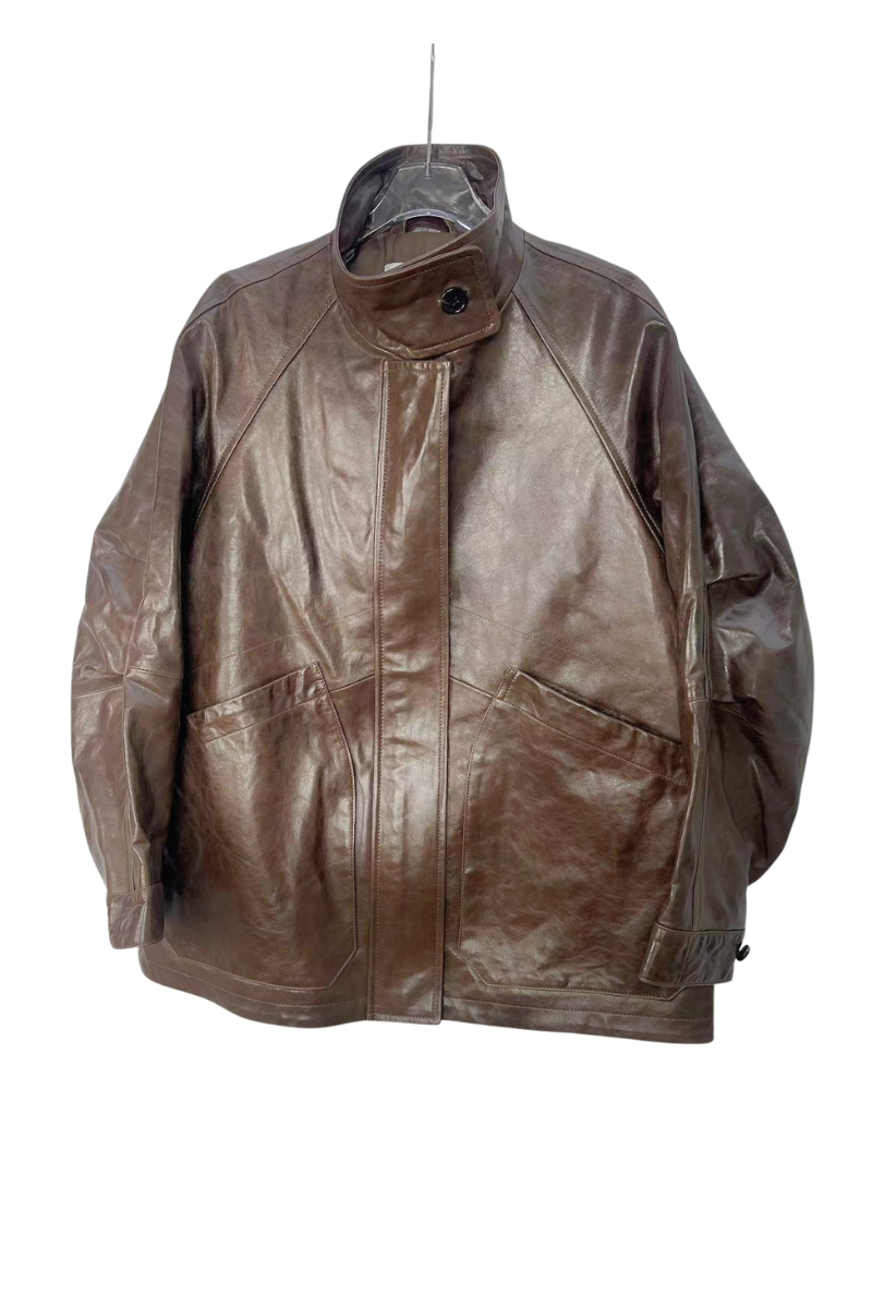 Max Simple Oversize Leather Jacket_Brown