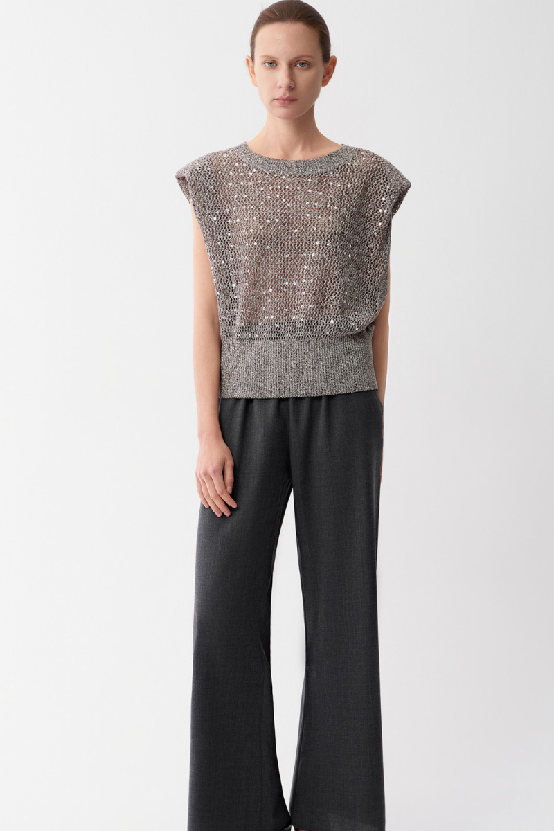 Max Simple Cap-Sleeve Sequin Knit Grey MSZM265249G