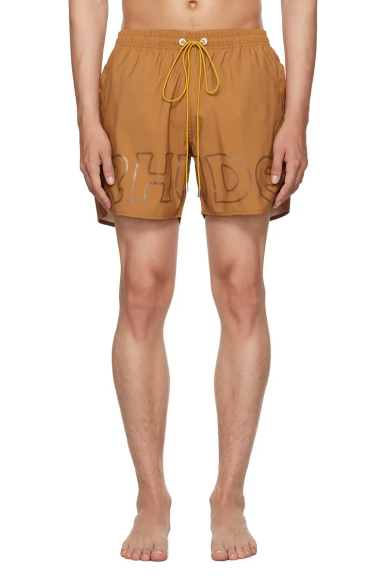 Rhude Tan Printed Swim Shorts In Camel