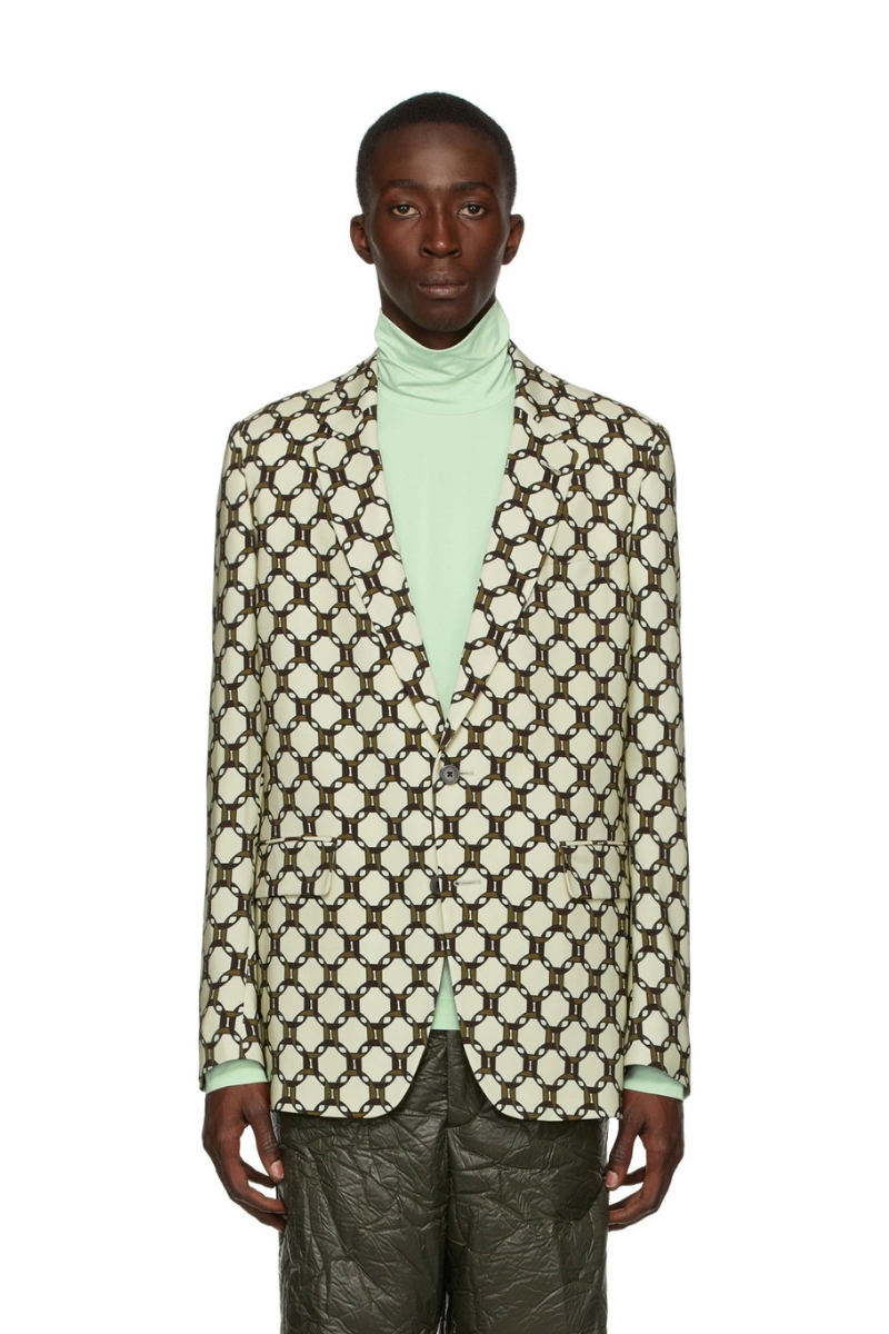 Dries Van Noten Off-White Satin Printed Blazer