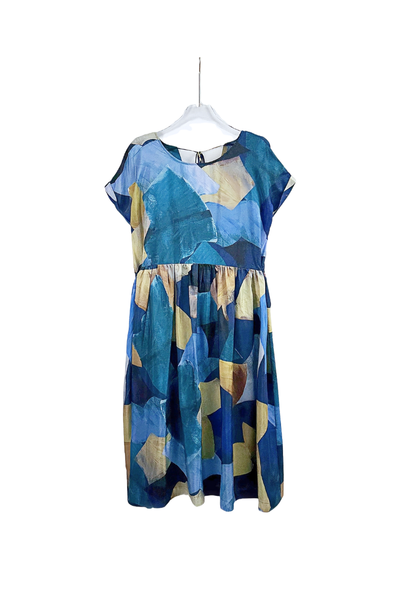 Max Simple Cobalt Square-Pattern Silk Dress Cobalt