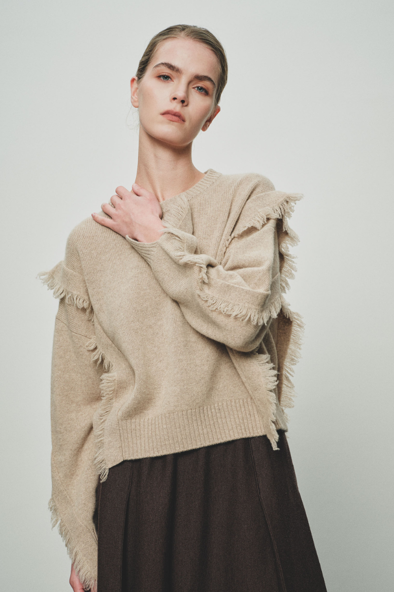 Max Simple Fringe Cashmere Sweater Beige  MSYY265113B