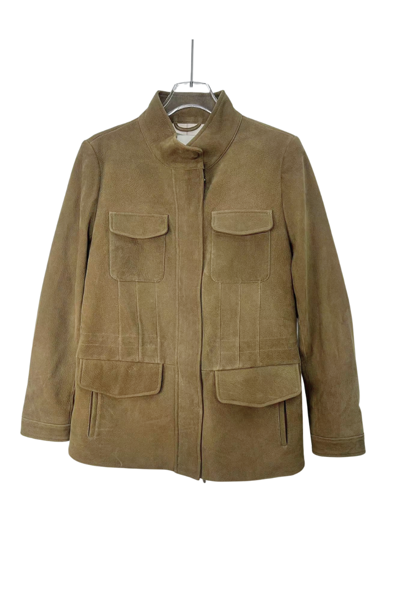 Max Simple Utility Leather Jacket_Khaki