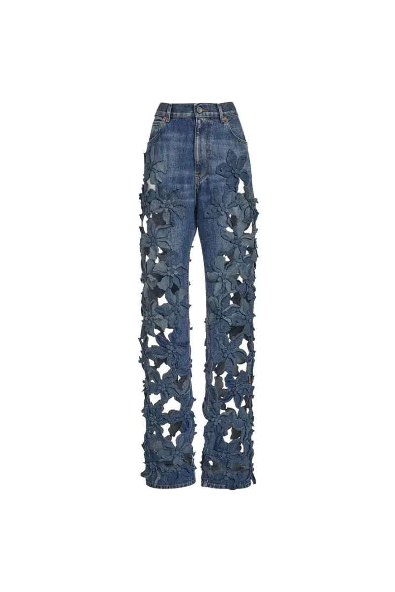 Valentino Garavani Embroidered Hibiscus Denim Jeans Medium Blue Denim 4B0DD17B8KJ_558