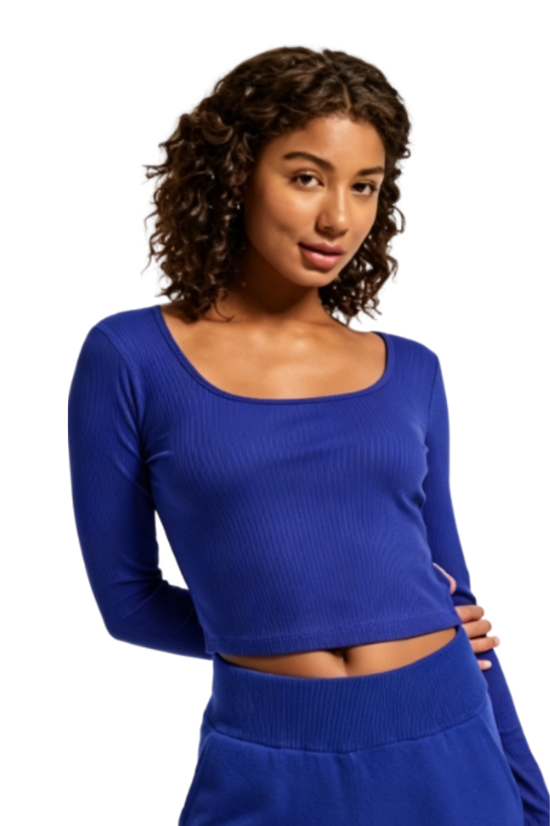 Bandier Rivington Ribbed L/S Scoop Neck Crop Top Dazzling Blue BW202204