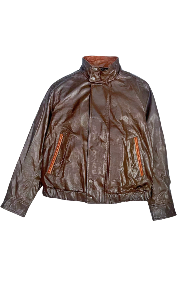 Max Simple Two-Tone Leather Jacket_Brown