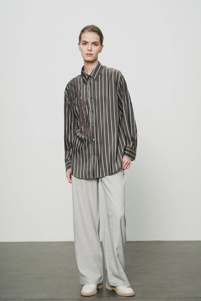 Max Simple Embroidered Stripe Silk Shirt Grey MSXN268851G