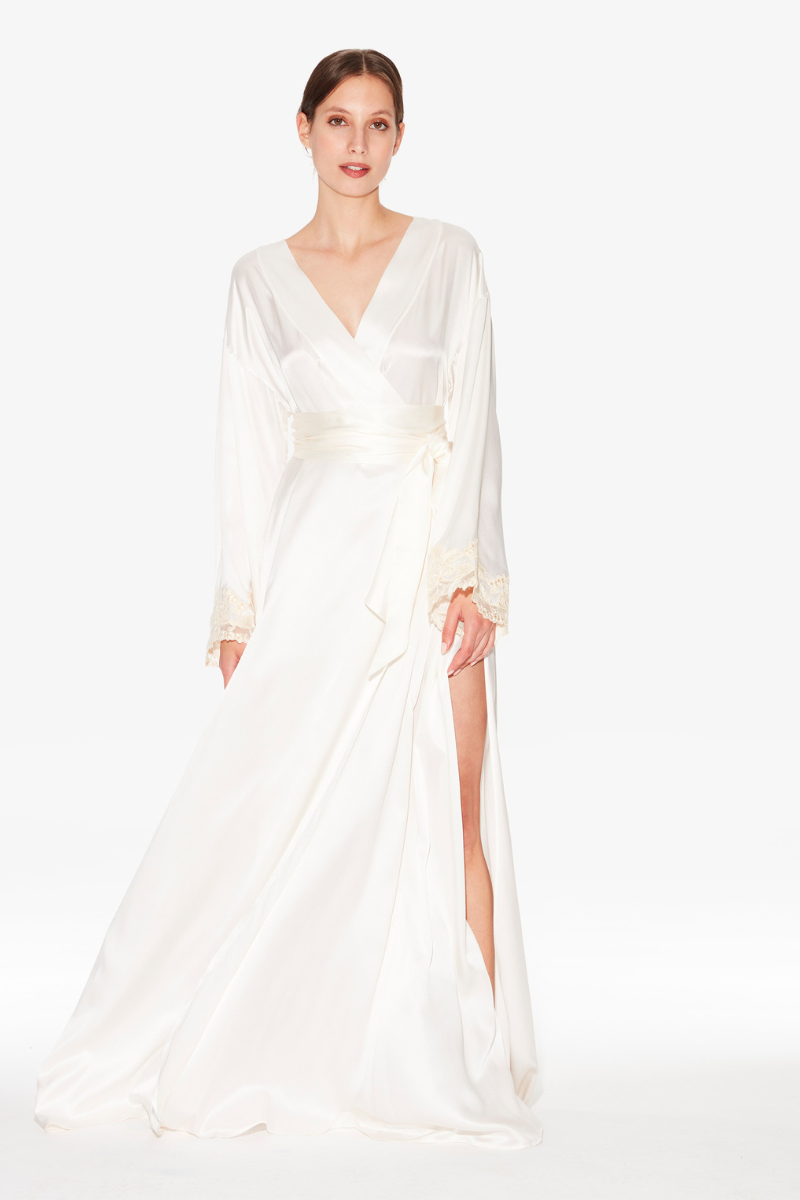 La Perla Maison White Long Silk Robe With Ivory Frastaglio