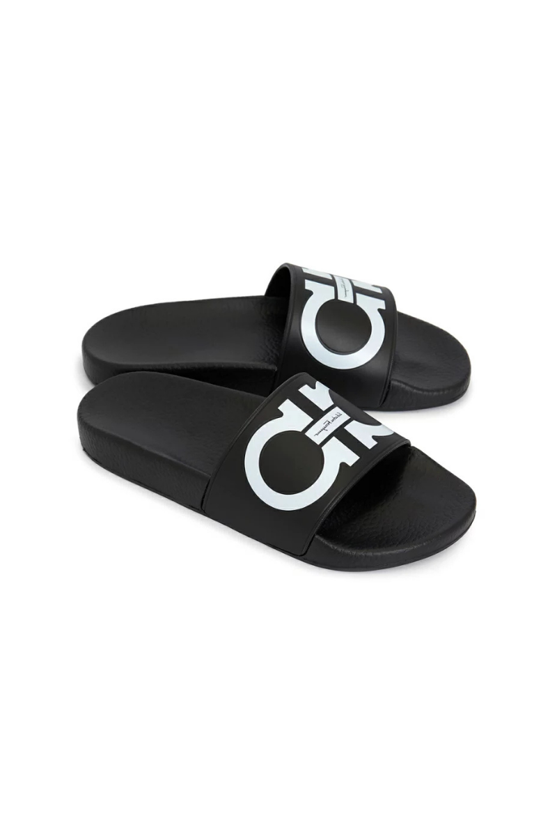 Salvatore Ferragamo Gancini Print Open - Toe Slides - Nero White