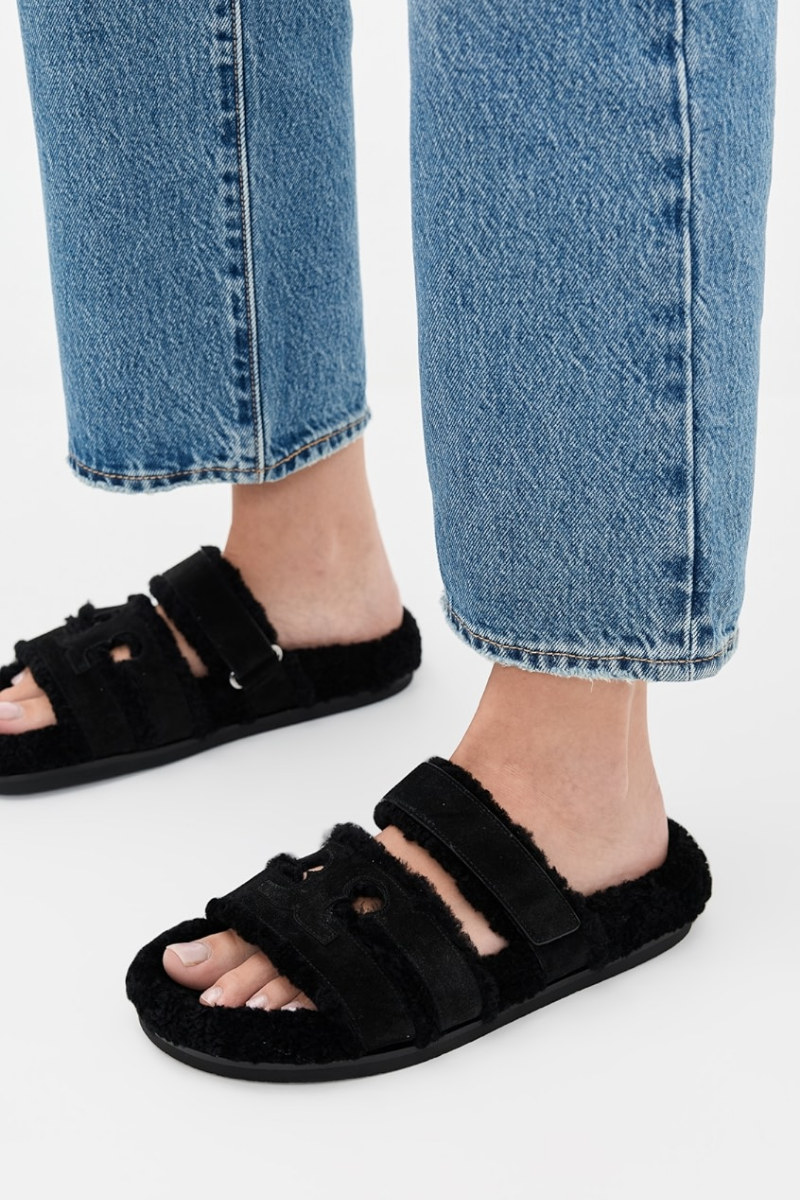 Tory Burch Ines Shearling Sport Slides in Black