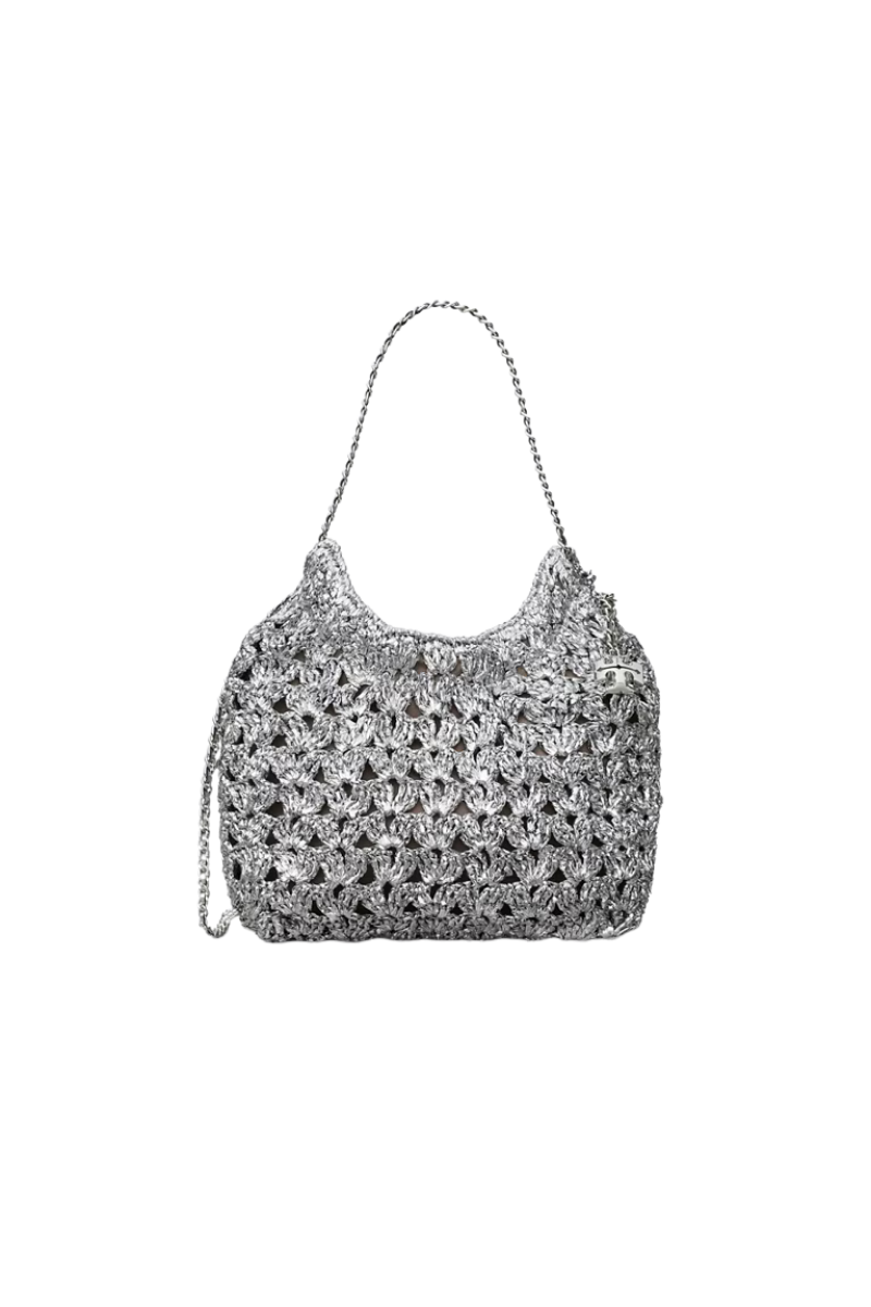 Tory Burch Fleming Woven Mini Hobo Bag Silver 169123-040