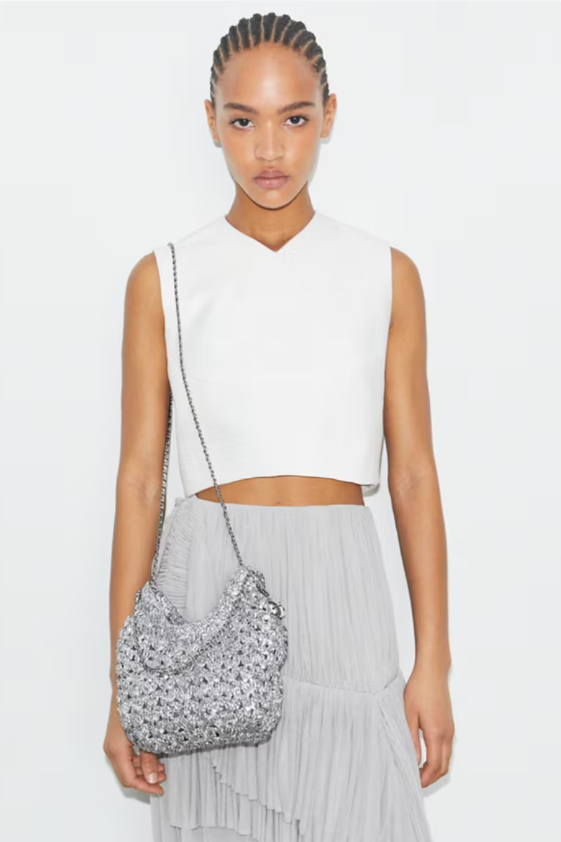 Tory Burch Fleming Woven Mini Hobo Bag Silver 169123-040