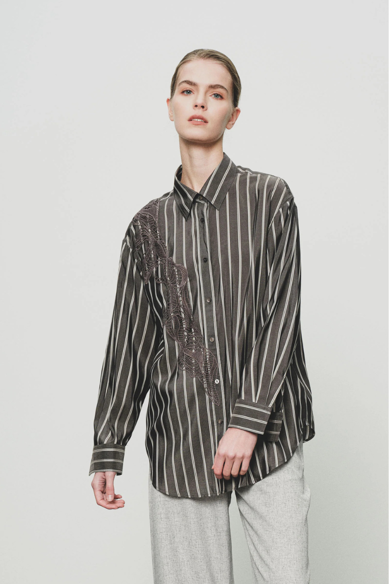 Max Simple Embroidered Stripe Silk Shirt Grey MSXN268851G